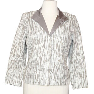 Lafayette 148 Wing Collar Evening Jacket Blazer 14 White Taupe Abstract Jacquard